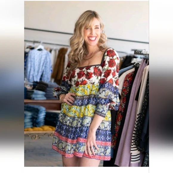 Alice + Olivia Rowen Floral Tiered Square Neck Mini Cocktail Dress Size Medium - Picture 9 of 16